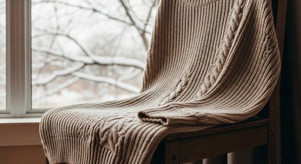 Knitted sweater draped over chair near window creates cozy scene. Knitted sweater is soft beige and features a braided pattern; chair is simple wood construction.