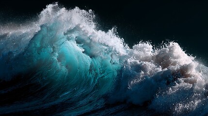 Powerful teal and white ocean wave crashing with frothy spray against a deep background