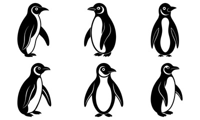 Obraz premium Six charming penguins in a playful group, perfect for children's designs, educational materials, or adding a touch of Antarctic whimsy to your project