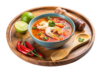 On a blue plate and in a wooden bowl over a white and transparent background Spicy Thai Seafood Tom Yum Soup, with a small side of tomato sauce transparent background