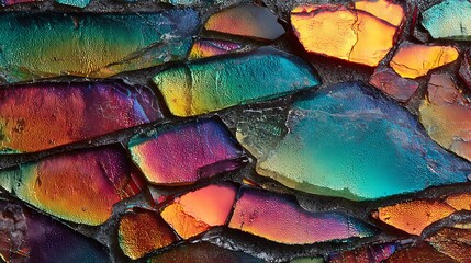 Iridescent broken glass mosaic background with vibrant rainbow colors and textured surface