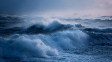 Dramatic powerful ocean waves crash with spray and foam under a dark hazy sky