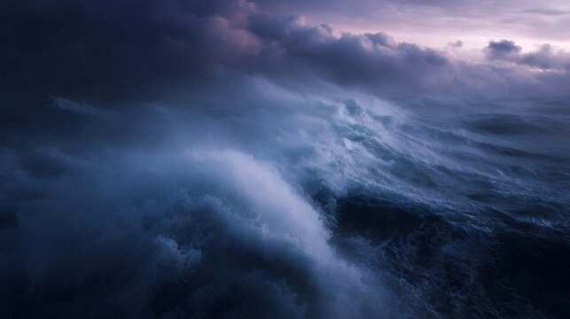 Dramatic storm waves crash under dark moody clouds at dawn