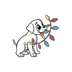 Cute cartoon puppy playing with colorful christmas lights