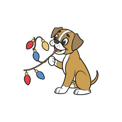 Cute cartoon puppy playing with colorful christmas lights