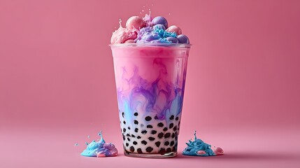 A colorful and vibrant boba tea beverage in a transparent cup, featuring pink milk tea and boba pearls settled at the bottom, topped with a generous layer.