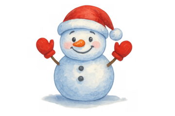 Watercolor snowman wearing red santa hat and mittens for christmas and winter holidays, transparent background