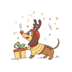 Cute cartoon dachshund dog wearing reindeer antlers and a festive sweater with a gift and confetti