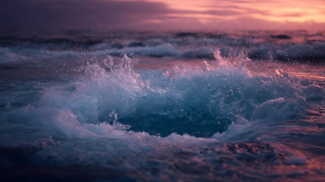 Colorful churning waves at dawn on the open ocean