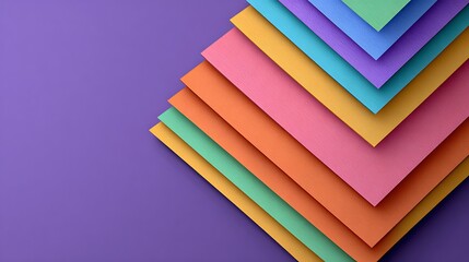 Colorful layered paper sheets creating abstract geometric pattern on purple background