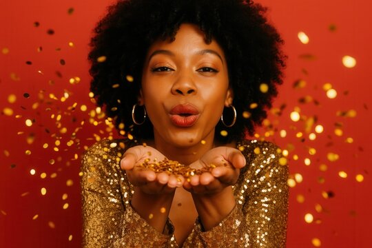 A stylish African American woman blows golden confetti from her hands. Joyful person celebrating a party on a red background. Festive holiday concept