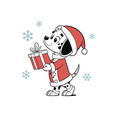 Cute cartoon dalmatian dog wearing a santa hat and coat holding a christmas gift