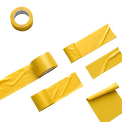 Arrangement of yellow masking tape isolated on transparent background in different shapes