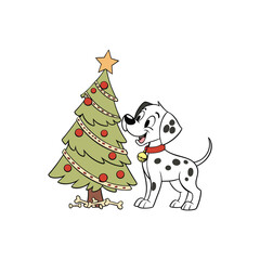Cute dalmatian puppy with christmas tree and dog bones