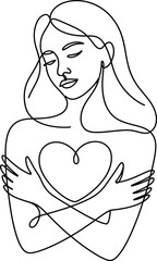 Woman hugging herself with heart outline self love