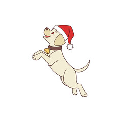 Happy cartoon dog wearing a santa hat and collar with a bell jumping