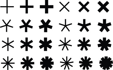 Vector collection of various black plus signs and asterisks in rows and columns on a white background