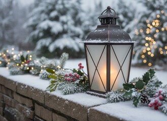 Weihnachtslaterne mit Kerze auf einer Mauer stehend, umgeben von Zweigen und Schnee