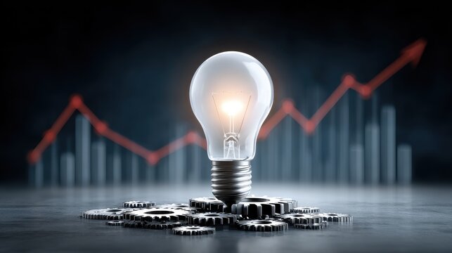 A light bulb surrounded by gears symbolizes innovation and growth, with a rising graph in the background, representing progress and success.