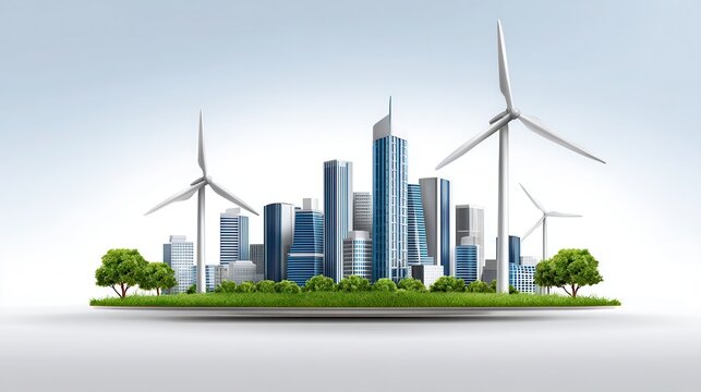 A modern city skyline featuring skyscrapers and wind turbines, highlighting sustainable urban development and green technology.
