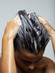Naklejka premium Person washing their hair with shampoo in a bright indoor setting during daytime