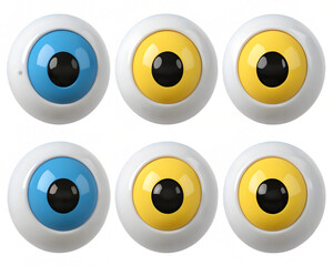 Six toy eyeballs with blue and yellow irises isolated on transparent background