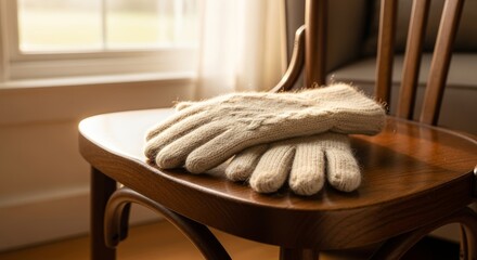 Winter gloves placed on wooden chair near window for cold weather. Winter gloves are soft and warm on chair in cozy scene with natural light. Showcase winter gloves and clothing for seasonal warmth.