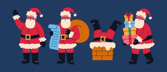 Funny Santa Claus character in different poses. Vector Christmas illustration for greeting cards or posters. Flat cartoon style.
