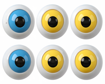 Six toy eyeballs with blue and yellow irises isolated on transparent background