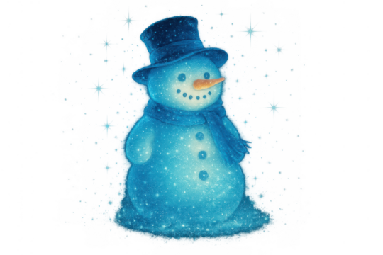 Glowing snowman wearing blue top hat and scarf, smiling and glowing in winter snow, transparent background