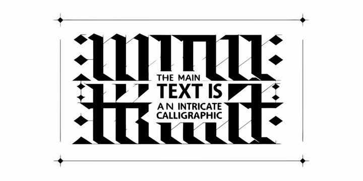 Intricate black and white calligraphy text design with decorative borders and geometric elements
