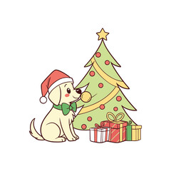 Cute cartoon dog wearing santa hat and bow tie by christmas tree and gifts
