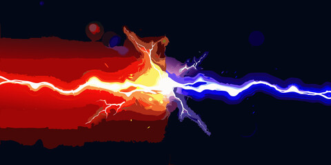 Energetic clash of red and blue lightning bolts creating a bright explosion of light and energy