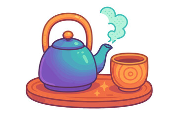 Colorful stylized teapot and cup set on a serving tray with steam rising
