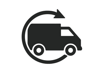 Minimalist black delivery van graphic with circular arrow for return shipping service