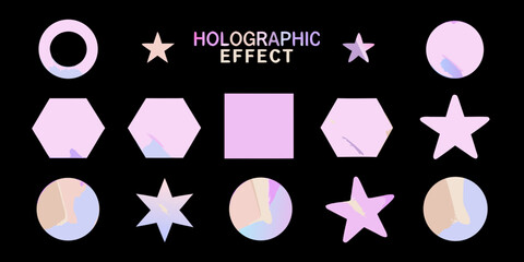 Collection of geometric shapes with holographic gradient effect on black background