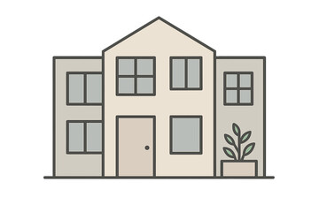 Simple two-story residential house with multiple windows and a potted plant