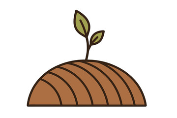 A young green seedling sprouts from a small mound of brown tilled earth