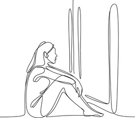 Woman Sitting in Contemplation One Line Drawing reflection