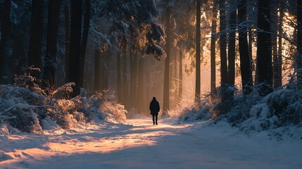Solitary figure walks on snowy path through sunlit winter forest at sunrise or sunset
