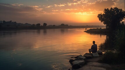 Solitary figure watches a vibrant sunset over a calm river with reflections and silhouette trees