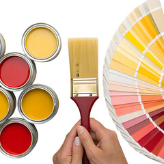 Hand holding brush next to paint cans and color swatches isolated on transparent background