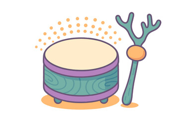 Stylized hand drum and beater with decorative patterns and warm earthy colors