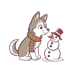 Cute cartoon husky dog wearing a christmas scarf with a snowman