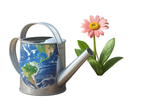 3d save the world concept. Earth day concept. watering can with a planet as a flower.