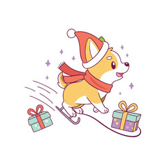 Cute corgi dog wearing a santa hat and scarf ice skating with gifts