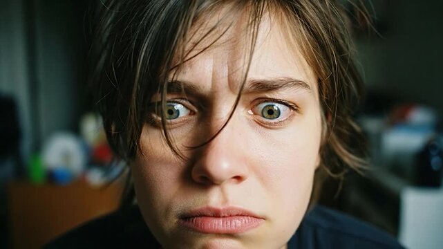 Close up portrait of a person with disheveled hair and a worried expression indoor setting natural light