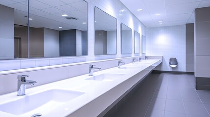 Interior perspective of multiple wash sinks in public restroom, polished surfaces and reflective mirrors emphasizing hygiene and order