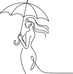 Woman with umbrella in continuous line art style rain