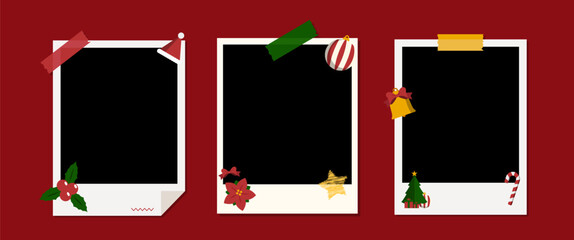 Christmas picture frame illustration design featuring festive decorative elements like candy cane, Christmas tree, ornaments, stars, holly leaves.